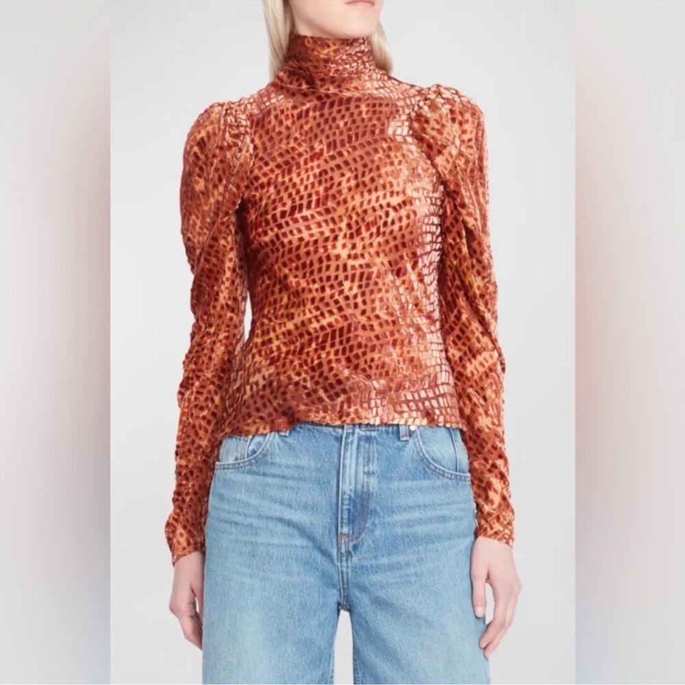 ULLA JOHNSON ALTHEA DEVORÉ TURTLENECK TOP IN SIENNA, SIZE 8.